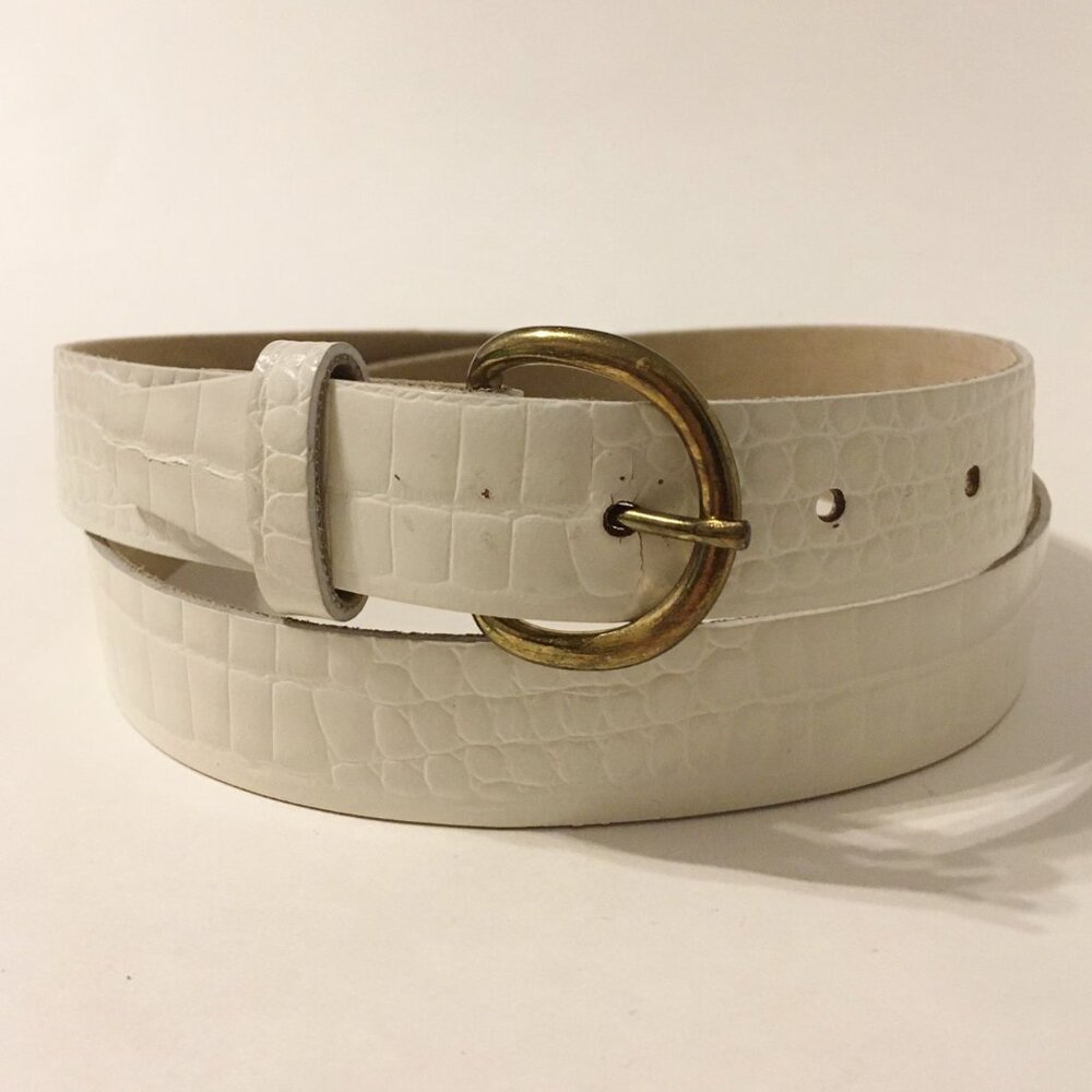 White Belt Faux Snake Skin Pattern Brass Buckle Woman's Size L Vintage